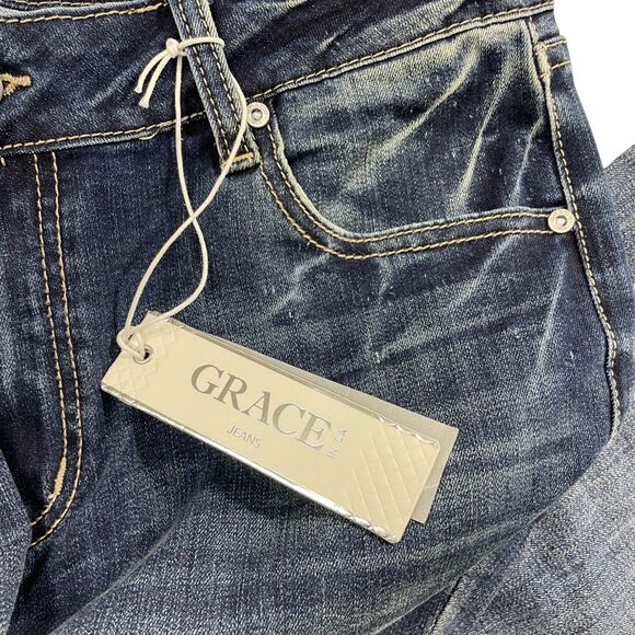 Grace Jeans 31 Easy Fit NEW Wide Decorated Leg Cotton Blend Raw Leg - Picture 4 of 12